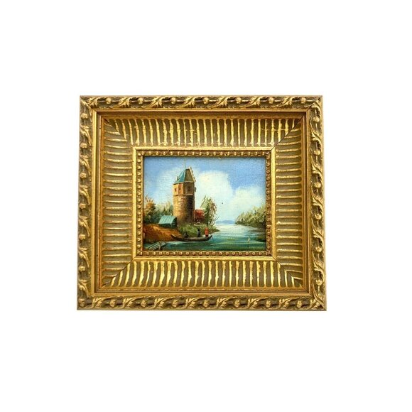 Painting Village by River Oil on Board Landscape Country Vintage Art Decor Gift